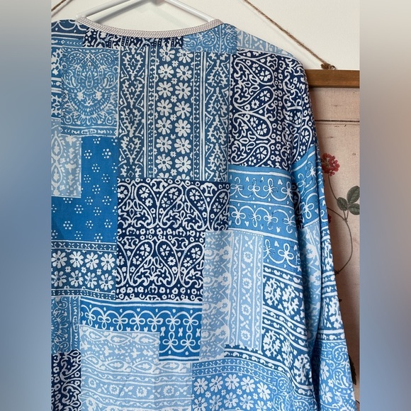J McLaughlin 3/4 Sleeve Patchwork Paisley Tunic Top Cover Up Beach Blue Large - Picture 8 of 12